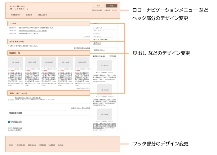 おまかせデザインで、主に変更する箇所